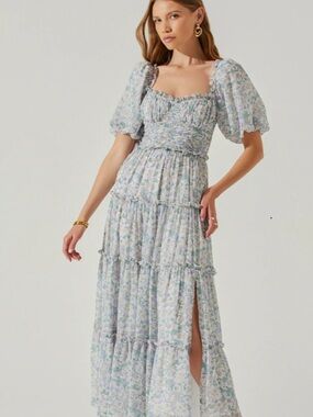Astr Floral Smocked Maxi Dress in Light Blue and White